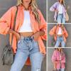 Women Denim Jacket Turn-down Collar Distress Fringed Hem Button Large Pocket Washed Solid Color Loose Oversized Mid-length Lady Coat Streetwear