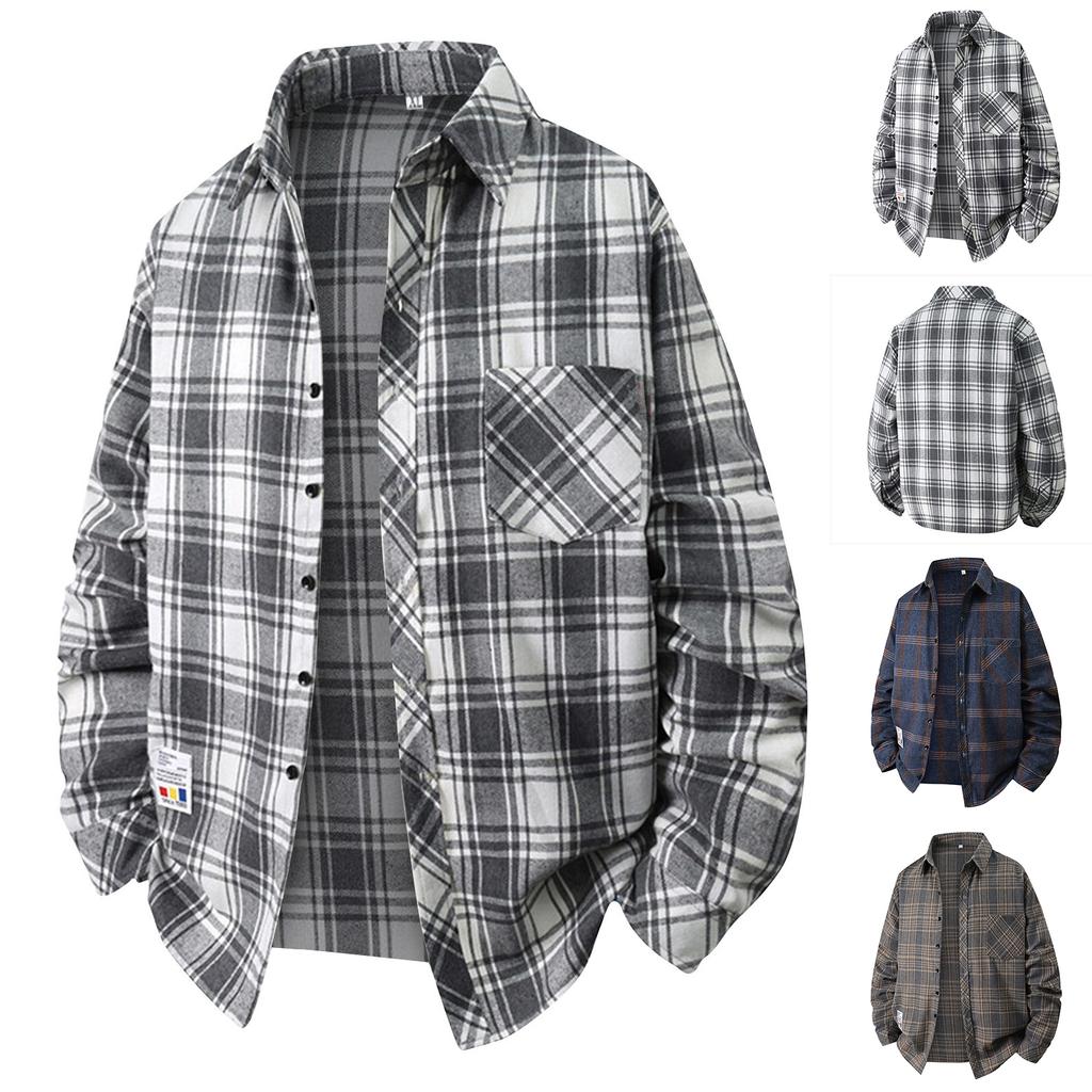 Мужская весенняя клетчатая молодежная модная свободная рубашка с воротником-стойкой и длинным рукавом