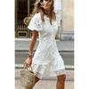 Women Sweet Crochet Lace Puff Sleeve Button Up Lace V-neck Party Dress White Elegant Beach Mini Dress