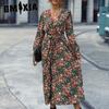 Женская мода осень-зима с цветочным принтом и длинным рукавом с v-образным вырезом повседневные платья