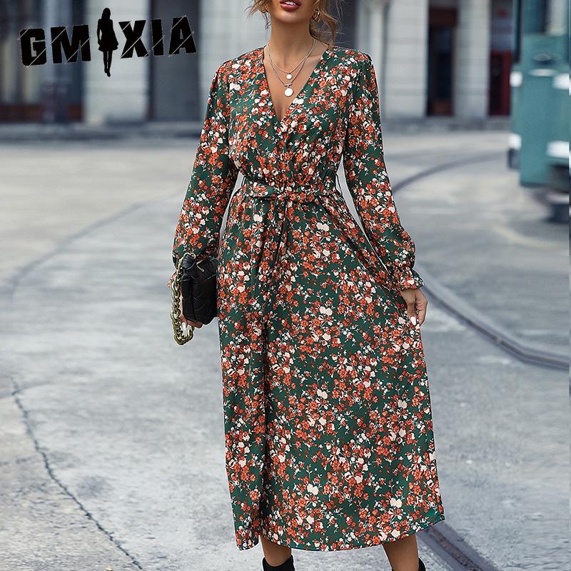GMXIA Женская мода осень-зима с цветочным принтом и длинным рукавом с v-образным вырезом повседневные платья