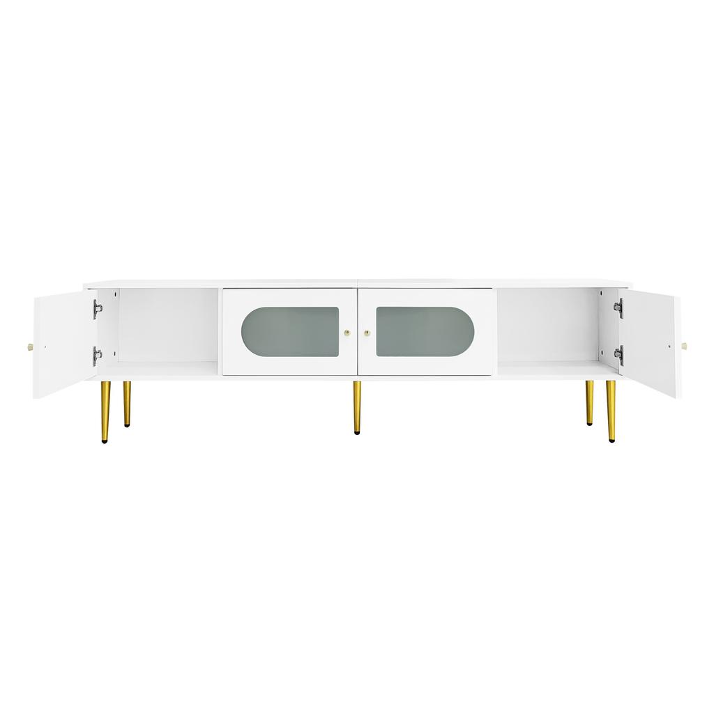 Elegant 170*35*50cm TV Cabinet – White Body with Golden Legs and Handles, 2 Doors with Vertical Grooves, 2 Doors with Arched Glass, 35KG Load Capacity