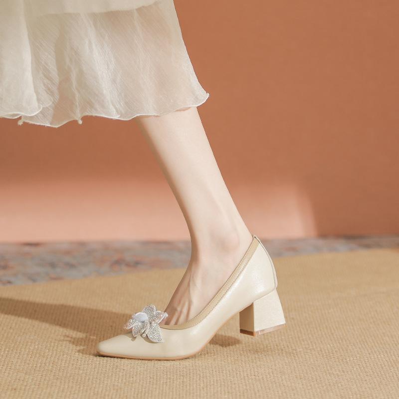 Кожаные туфли на толстом каблуке женские весенне-осенние новые универсальные юбки в стиле феи темпераментные высокие каблуки