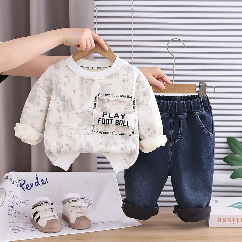 Комплект из 2 предметов с длинным рукавом для мальчиков, 0-5 лет Детская флисовая толстовка с английским принтом + джинсовые брюки