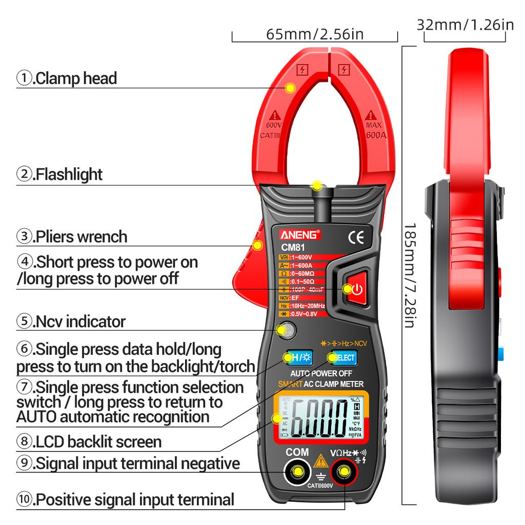 ANENG CM81 Умные клещи переменного тока Мультиметр с зажимами 6000 отсчетов Вольтметр с автоматическим диапазоном 600A Амперметр