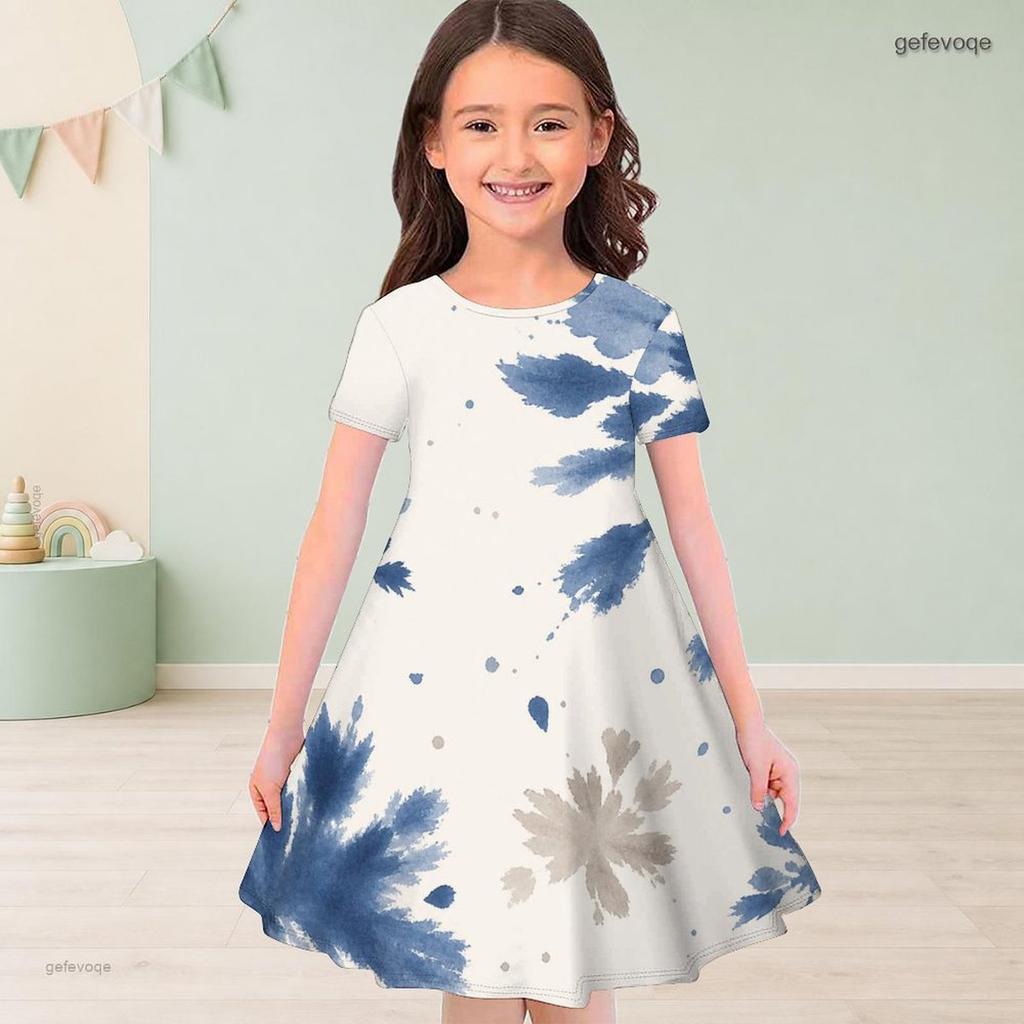 Girls Round Neck Short Sleeve Abstract Floral Printed A Line Flared Dress
