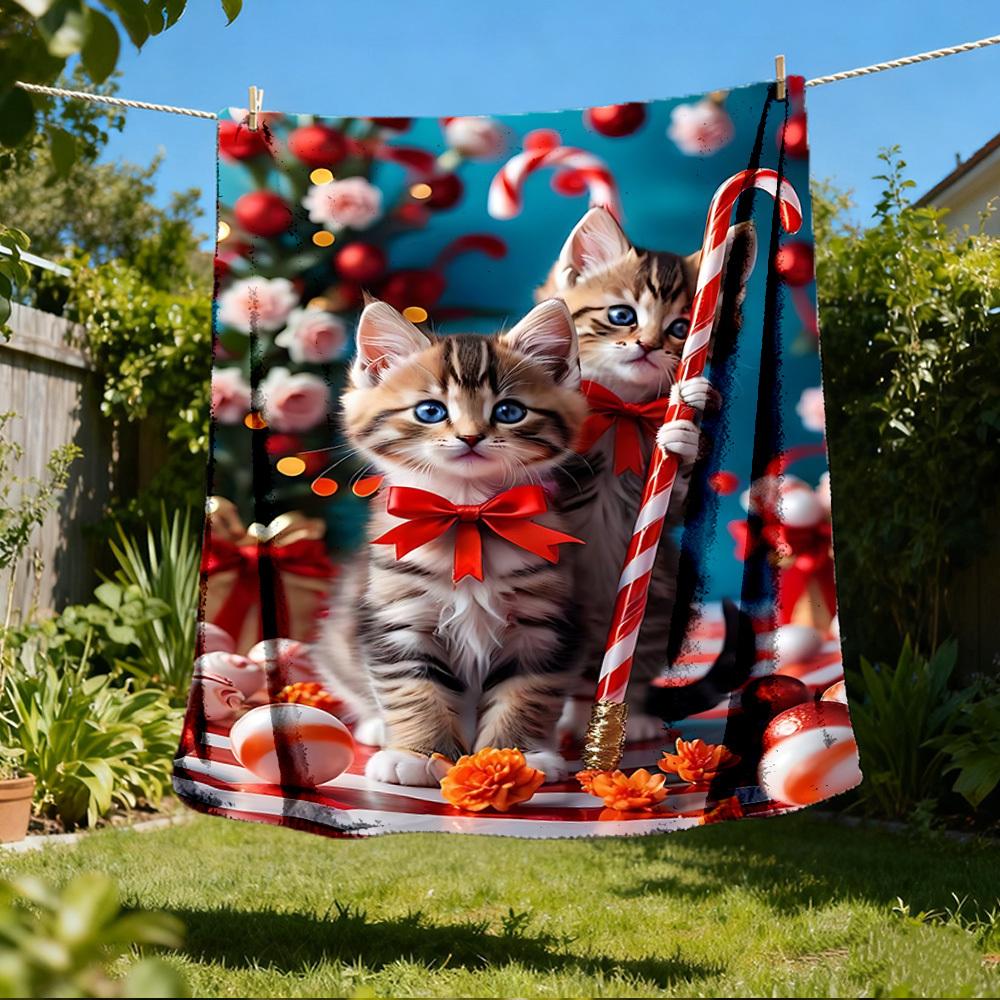 1pc Candy Cane Kittens Outdoor Flannel Blanket Soft All Season Polyester Throw , Perfect for Picnics & Travel , Picnic Accessory