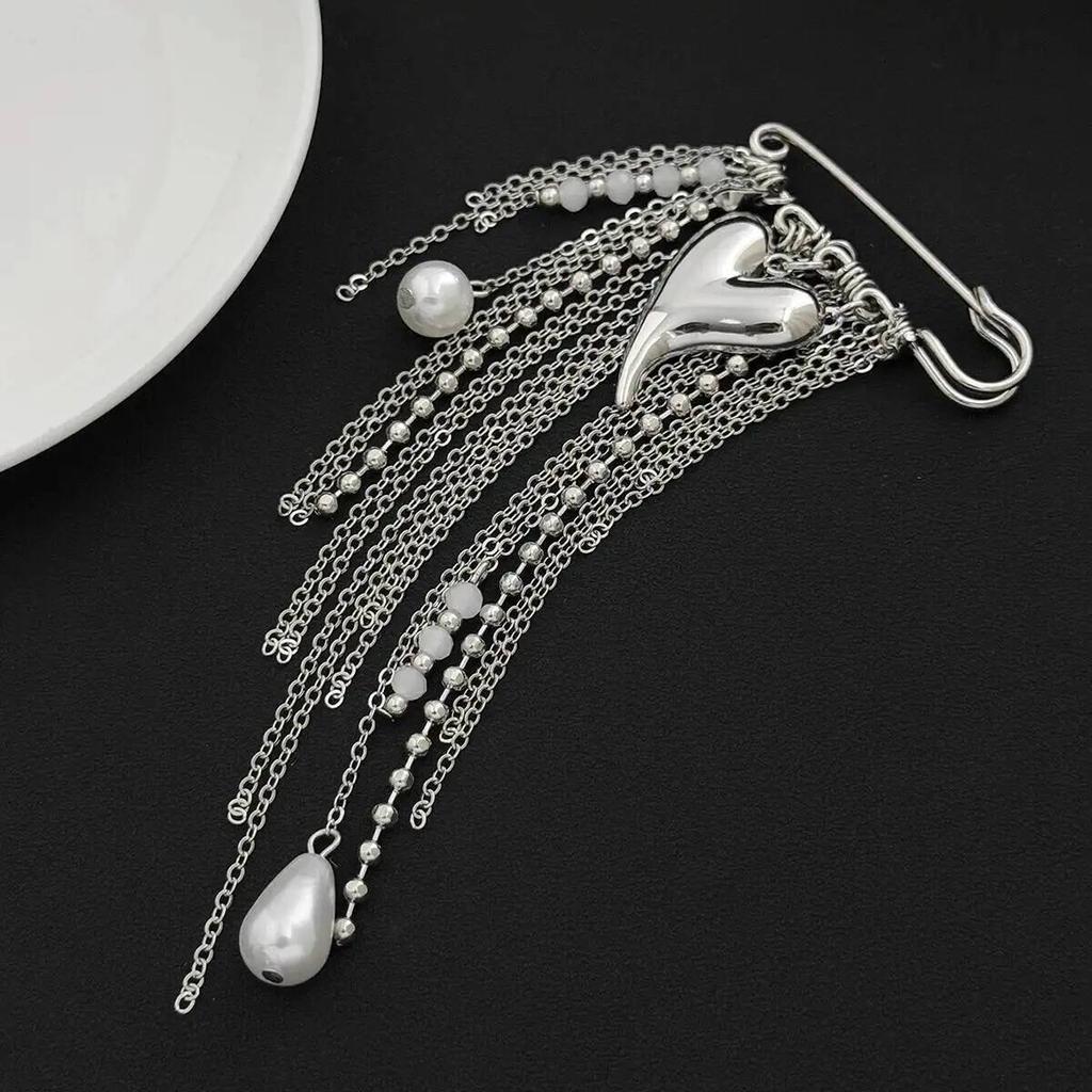 SHIXIN Trendy Charm Metal Heart Brooch Women Hyperbole Silver Color Imitation Pearl MultiLayer Tassel Brooches Jewelry Accessory