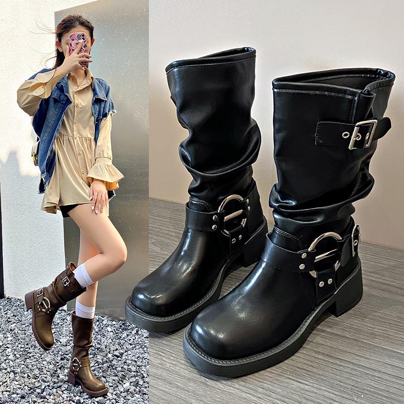 New Boots British Women's Boots Belt Buckle Retro Western High Boots Thick Heel Cowboy Boots Internet Celebrity Knight