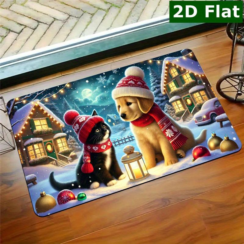 Classic Floral Style Front Porch Doormat Red Poinsettia Holly Border Stripe Non Slip Winter Christmas Indoor Entrance Floor Mat