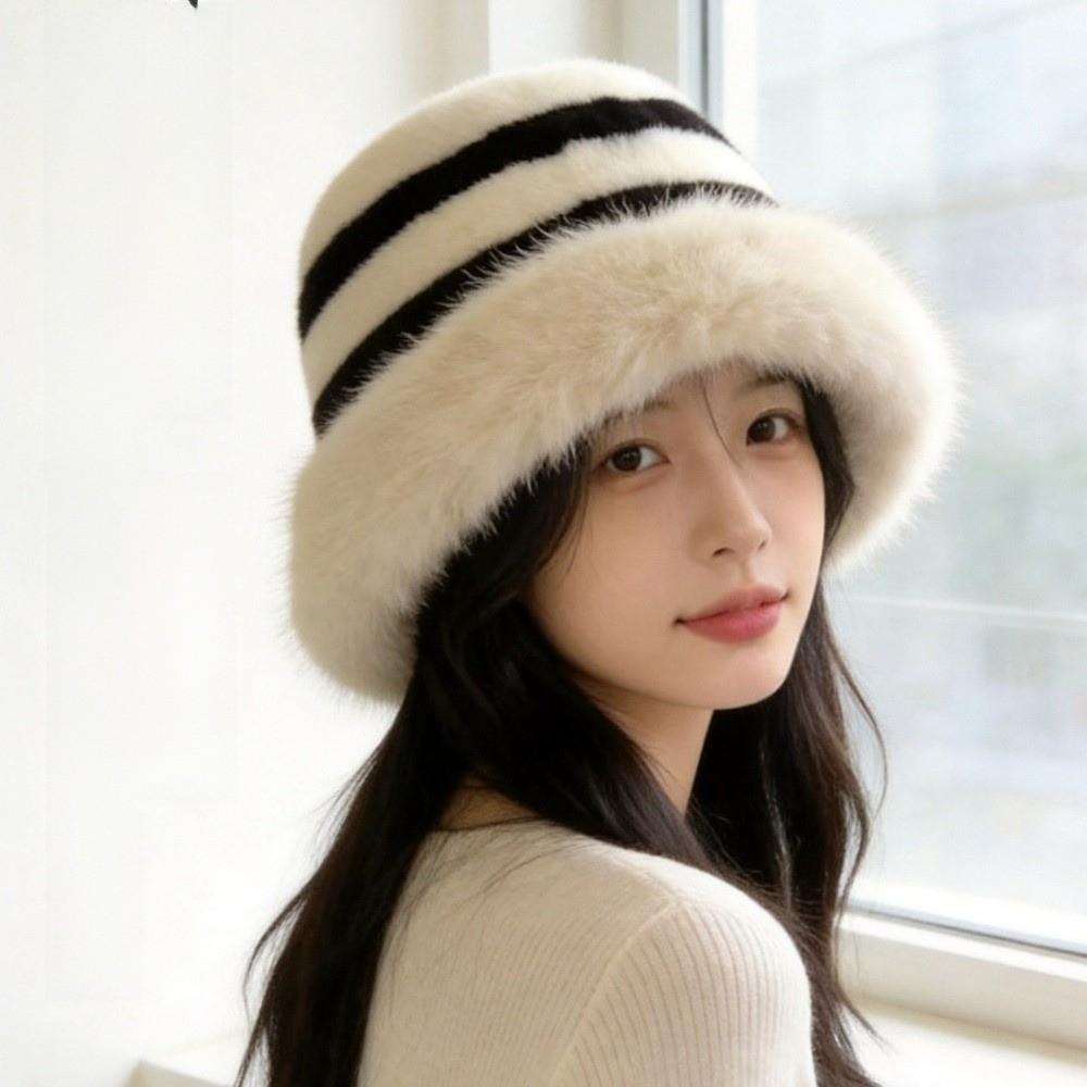 Wide Brim Fur Bucket Hat Faux Fur Striped Fisherman Cap Fashion Plush Hat Winter