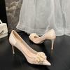 Fashion Wedding Shoes Women 2025 French Bridal Shoes Mesh Top Flower Main Wedding Dress High Heels Bridesmaids Champagne Single  Pumps