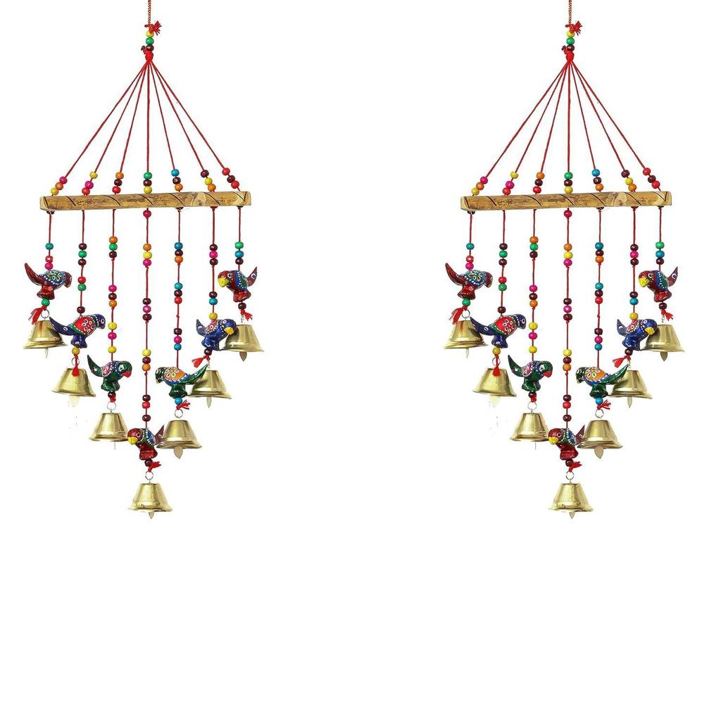 Набор из 2 попугаев, декоративных настенных/дверных/оконных украшений с колокольчиками, изготовленных вручную, для домашнего декора — подарок на Дивали, Наваратри, Дуссехру