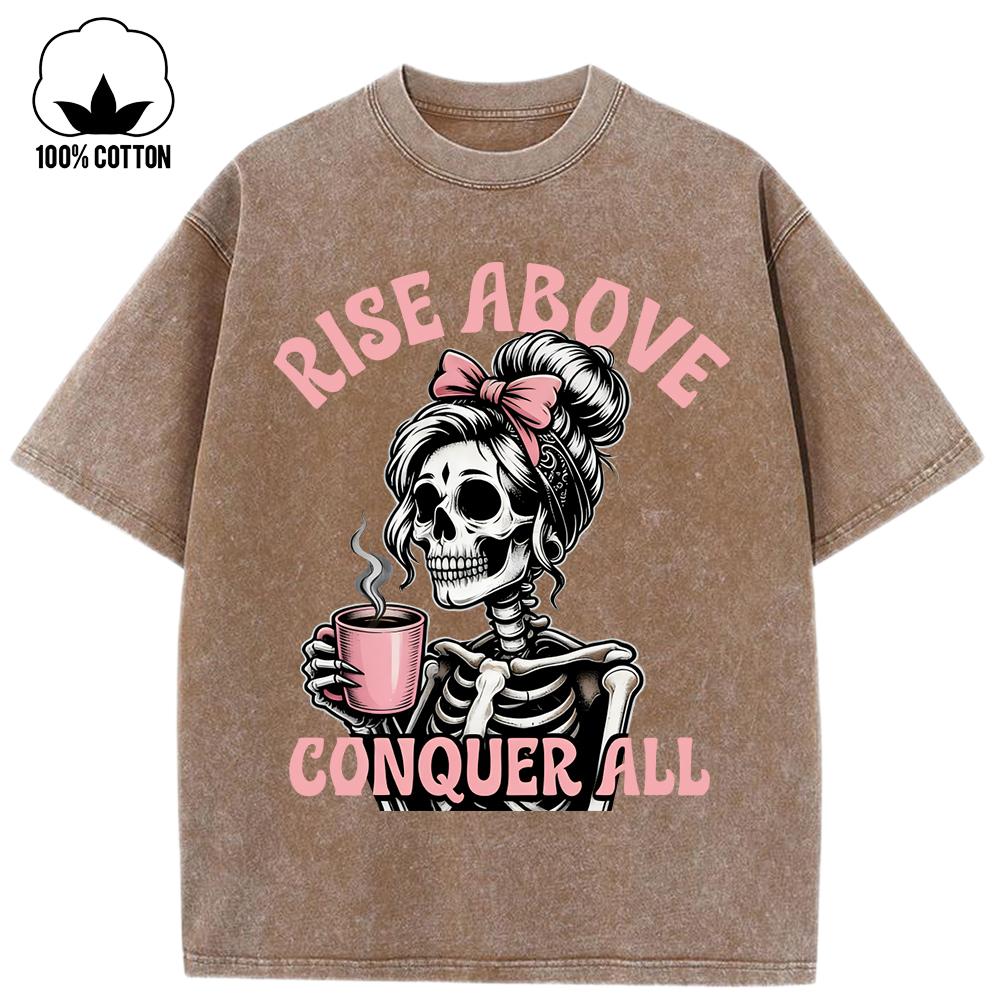 Rise Above Кофе Розовые Черепа Дизайн стиранные дырки Футболки Женские Летние Хлопковые Топы Свободные Футболки Круглый вырез Одежда