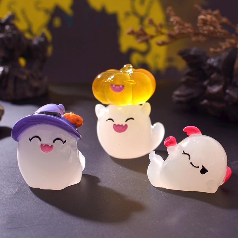 7Pcs/set Cartoon Halloween Ornaments Luminous Ghost Animal Minaitures Micro Landscape Diy Resin Crafts