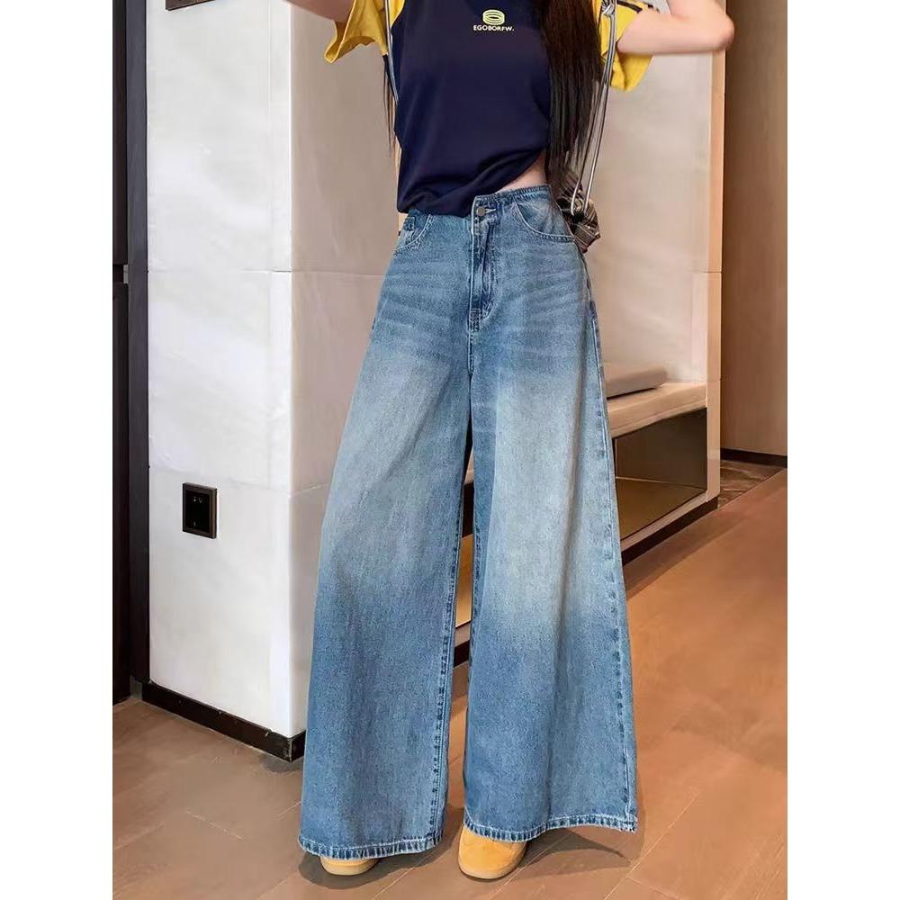 Casual Washed Denim Wide Leg Pants for Women High Waist Loose Vintage Pockets Jeans Female Trousers