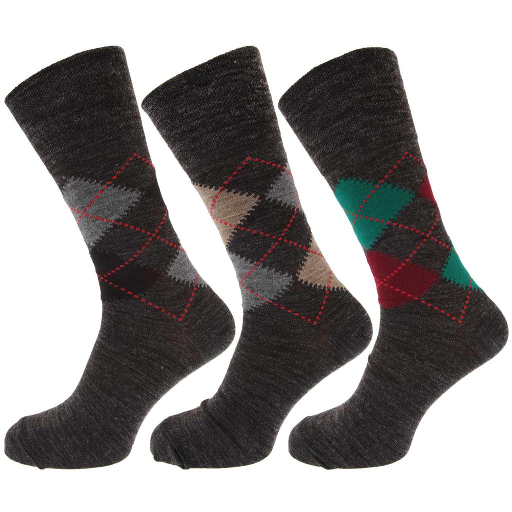 Mens Traditional Argyle Pattern Non Elastic Lambs Wool Blend Socks (Pack Of 3)