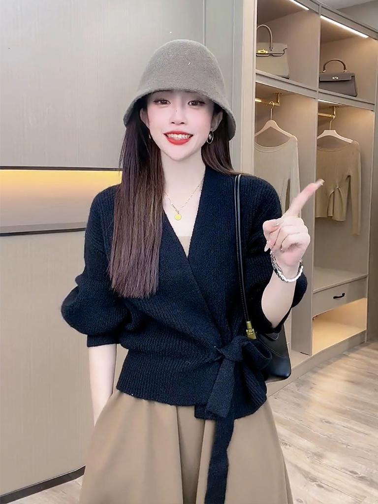 Усовершенствованный свитер, трикотаж, женский вязаный кардиган, осень-зима, галстук с v-образным вырезом, милые короткие вязаные топы с длинными рукавами