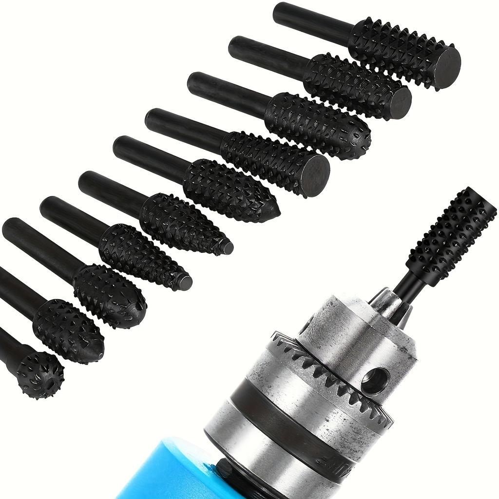 10pcs Wood Carving File Rasp Drill Bit, 1/4" 6mm Rotary Rasp Drill Bit Set, DIY Woodworking Rotating Embossed Chisel Shaped Shank