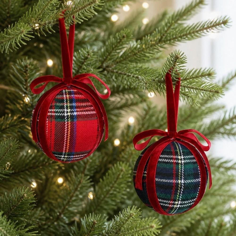 with Ribbon Bow Foam Christmas Ball Tartan Check Xmas Tree Hanging Decor Holiday Festive
