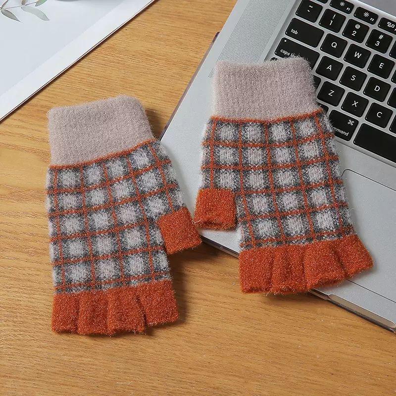 Female Checkerboard Winter Half-Finger Gloves Warm Half Open Finger Korean Version Student Writing Winter Typing Computer