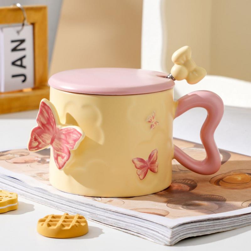 Creative Embossed Butterfly Personalized Ceramic Mug As A Souvenir Coffee Cup with Lid and Spoon  High Looking Small Fresh Water Cup