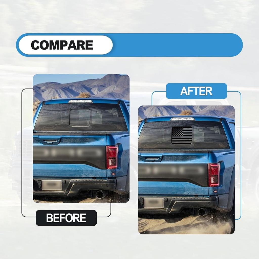 Back Sliding Window n US Flag Vinyl Decal, Auto Styling Compatible with Ford F150 F250 F350 2015 , Rear Middle Window n Flag Decal (Black Line)
