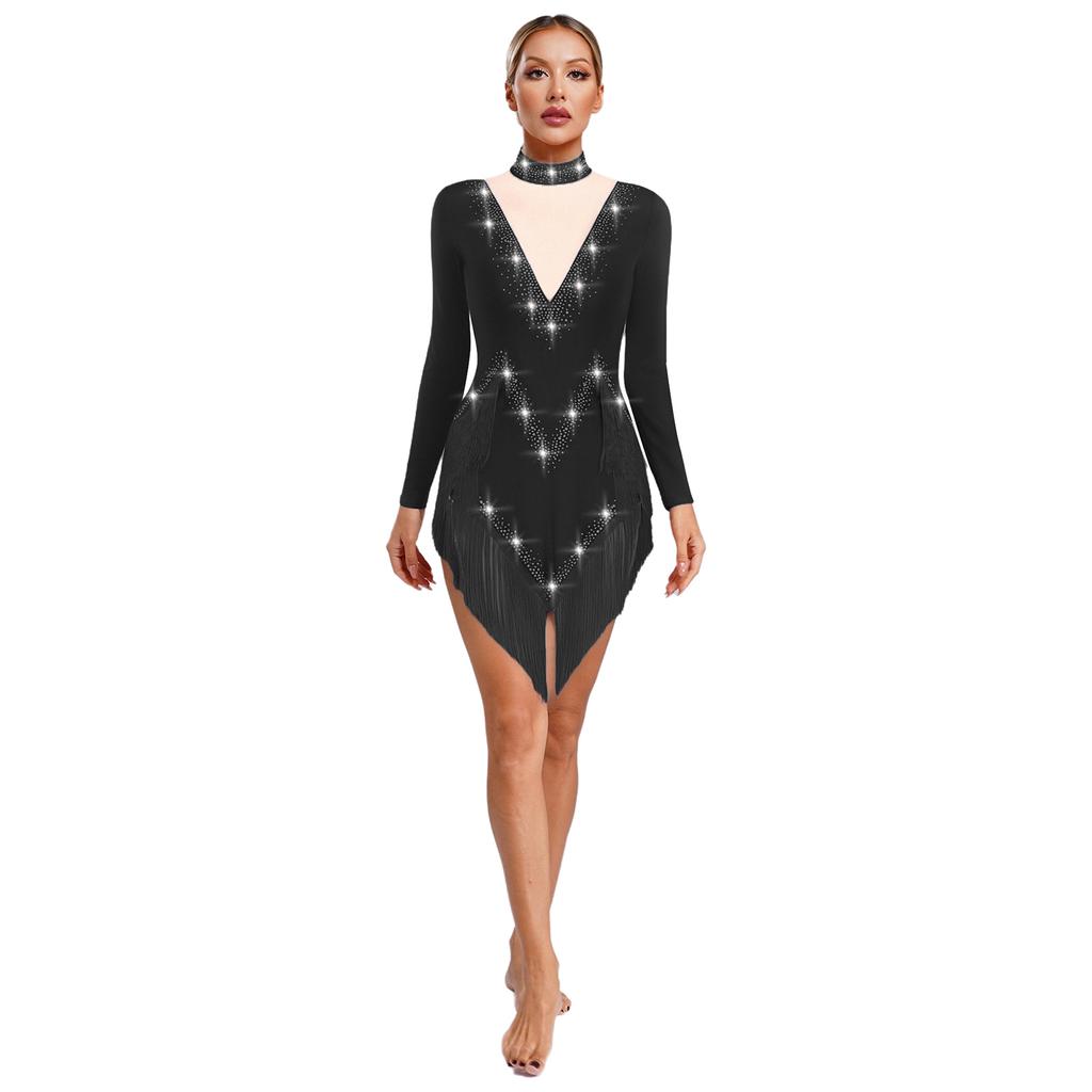 Women's Latin Dance Dress S-XXL - Shiny Rhinestones Mock Neck Long Sleeve with Tassels & Irregular Hem Stage Costume