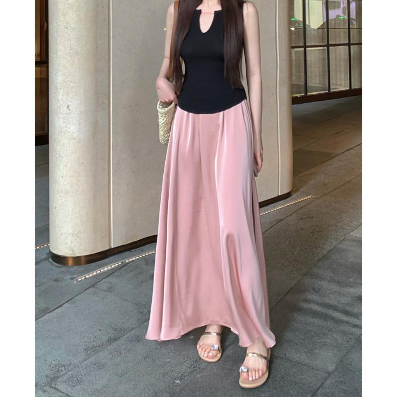 DX~~ Простой темперамент весной и летом, атласная юбка с драпировкой, высокая талия и узкая юбка.