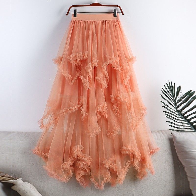 Princess Style Mesh Skirt With Ruffle Hem And High Waist For Summer Casual Wear