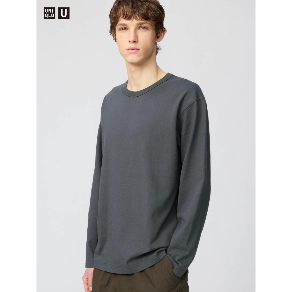 Uniqlo Стирка Хлопковая Футболка с Круглым Вырезом Длинный Рукав
