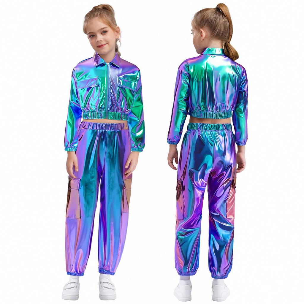 Детский танцевальный костюм для хип-хопа унисекс, куртка цвета металлик с длинными рукавами, отложным воротником и блестящими брюками