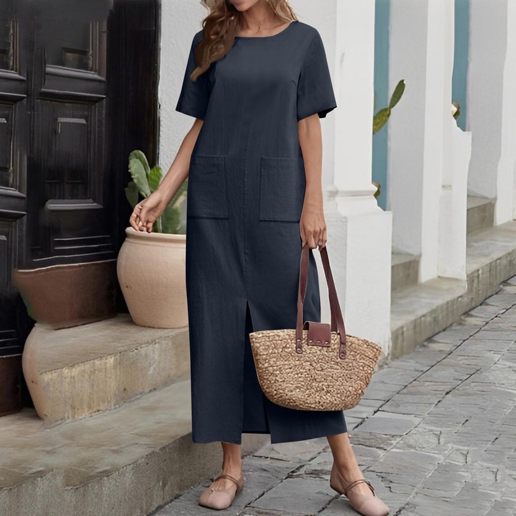 Женское модное платье из хлопка и льна, однотонное, свободное, с круглым вырезом и коротким рукавом