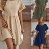 Elegant Round Neck Dress Solid Pleated Short Sleeve Dresses Summer Women's A Line Dress Loose Cotton Linen Long Dress