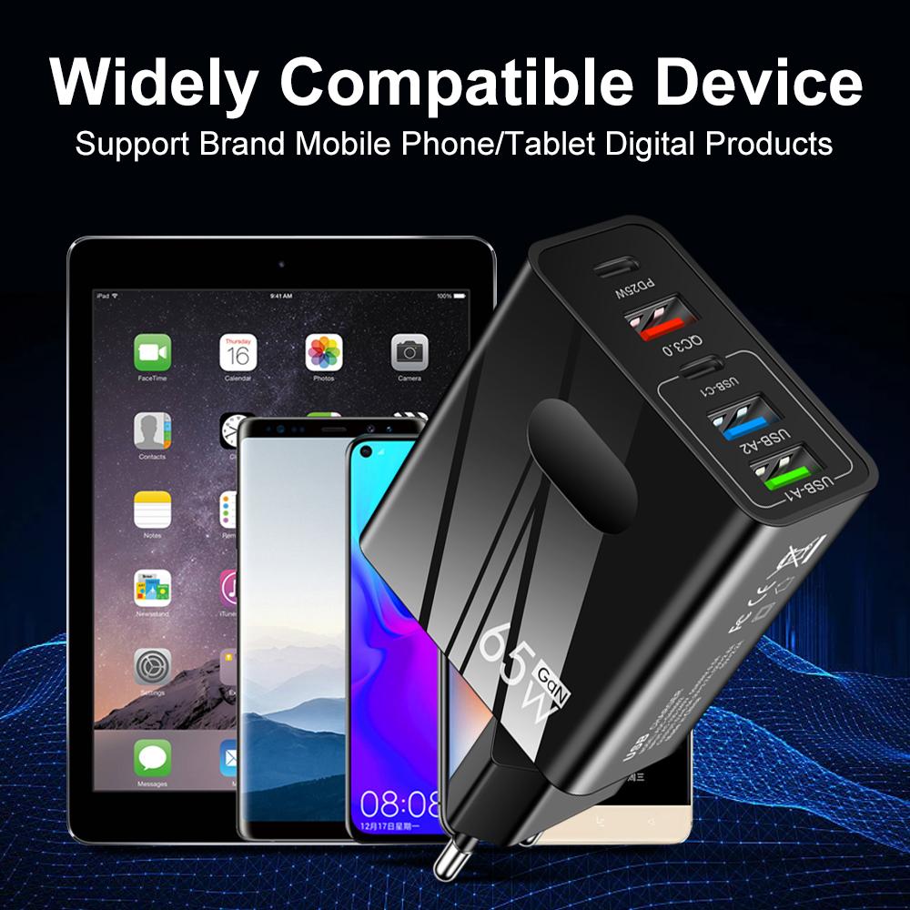 5 портов GaN USB зарядное устройство Quick Charge 3.0 65 Вт Быстрая зарядка телефонов Адаптеры питания для iPhone Samsung Xiaomi PD Type C настенное зарядное устройство