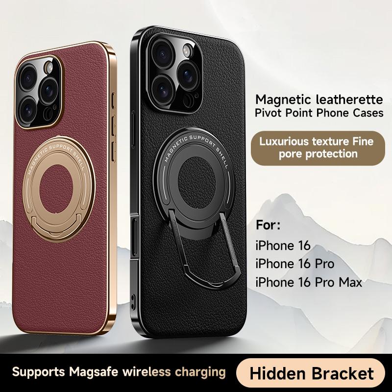 Роскошный Магнитный Чехол-Подставка из Кожзаменителя для iPhone 16 15 14 13 Pro Max Magsafe Беспроводная Зарядка Скрытая Подставка Задняя Крышка