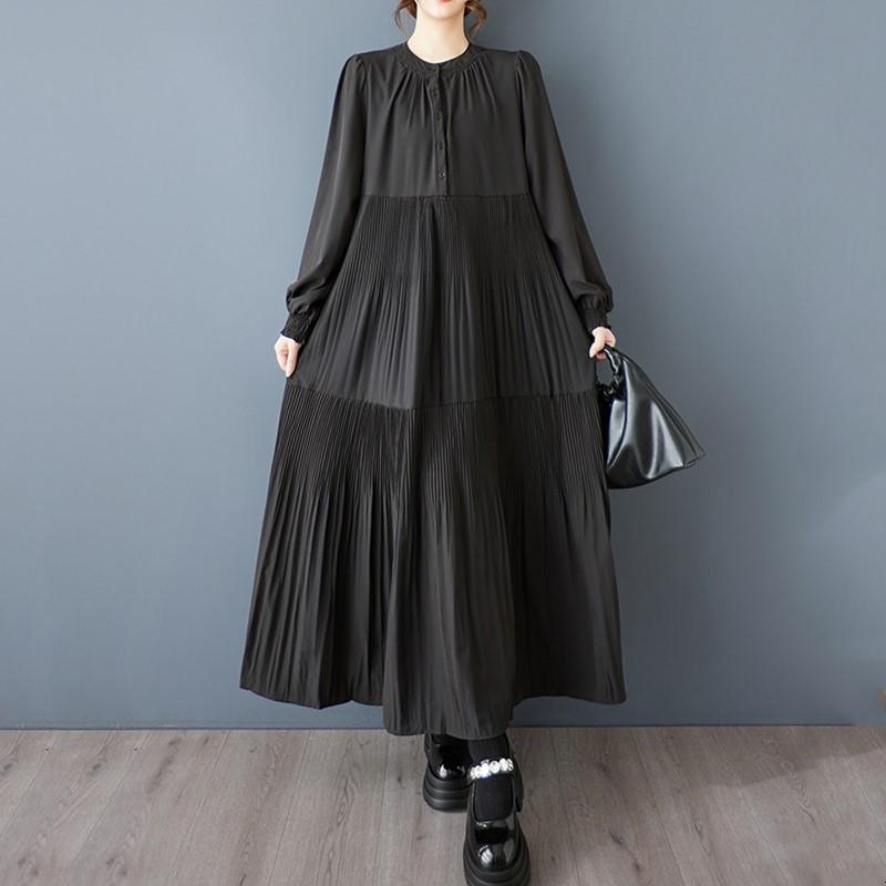 Long Sleeve Oversized Black Vintage Pleated New In Dresses for Women Casual Loose Spring Autumn Shirt Dress Elegant Clothing