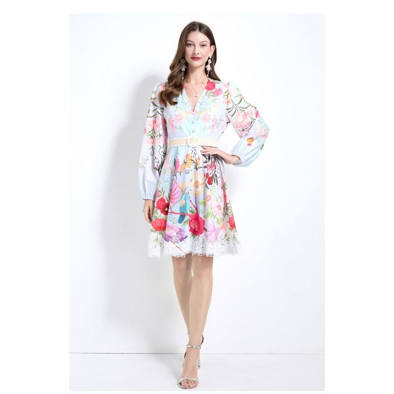 Весна Осень Женские V-образный вырез Принт Кружева Лоскутное Мини Короткие Шикарные Пляжные Праздничные Платья С Поясом
