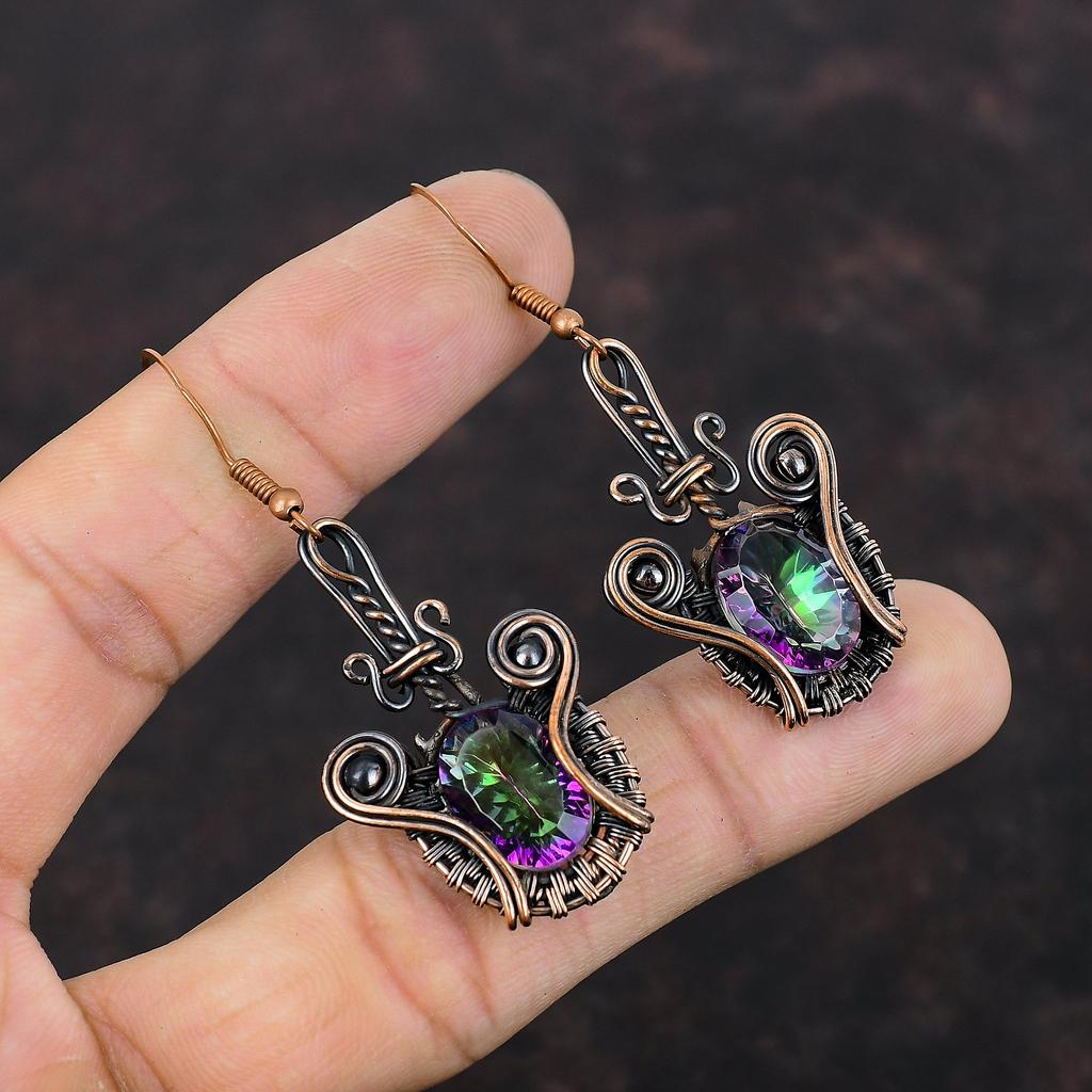 Серьги с граненым радужным мистическим топазом, серьги с драгоценными камнями в медной обертке, серьги из медных украшений ручной работы, серьги с камнями по рождению, подарок для женщин