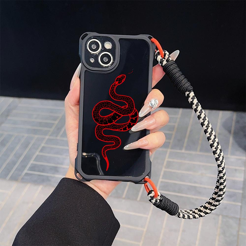 Soft Phone Cases for iPhone 16 15 13 12 11 14 Pro Max 8 Plus Four Corners Anti-Drop Protective Cover Optional Lanyard Rope N73 Black Gold Snake Design