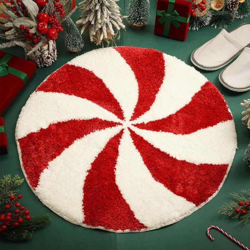Christmas Bathroom Rugs 23 Inch Washable Round Bath Mats Winter Red White Candy Bath Mats Area Non Slip Absorbent Carpets Doormat