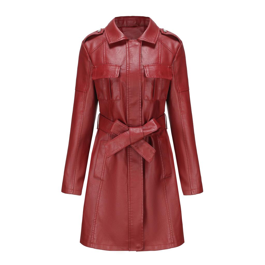Women's PU Leather Trench Coat with Belt, Multi-Color Mid-Length Lapel Leather Jacket for Women, Fashionable European and American Style Outerwear