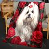 Maltese dog and roses Pattern Blanket Warm Soft Fluffy Kids and Adult Sofa Bed Throw Blanket Suitable Home Travel Camping