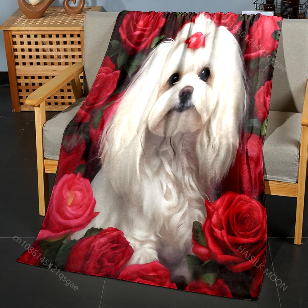 Maltese dog and roses Pattern Blanket Warm Soft Fluffy Kids and Adult Sofa Bed Throw Blanket Suitable Home Travel Camping