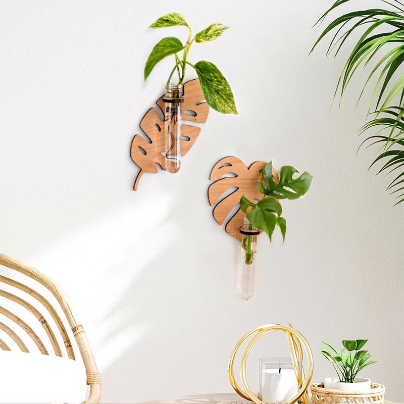 1PC Wall Planters Home Decor Wooden Bohemian Plant Hangers Wall-Mounted Plastic Tube Leaf Shape Hanging Shelf