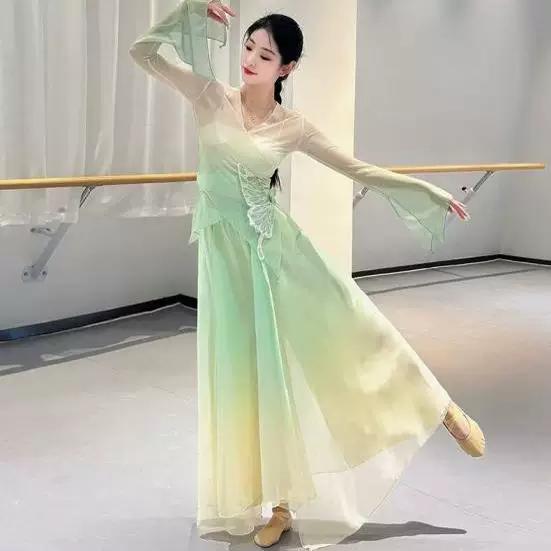 Women's Gradient Butterfly Chinese Classical Dance Set, Sheer Chiffon Tunic & Flowy Pants For Practice & Performance
