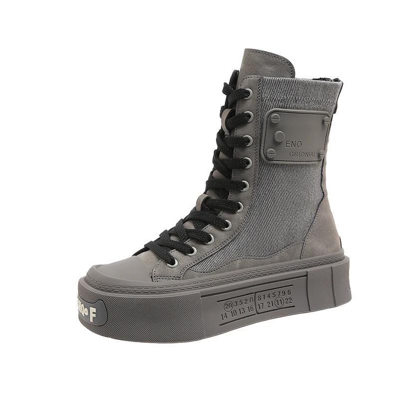 Модные высокие толстые парусиновые женские сапоги на толстой подошве 2024 года, осень, новые квадратные универсальные спортивные модные короткие сапоги на шнуровке для женщин