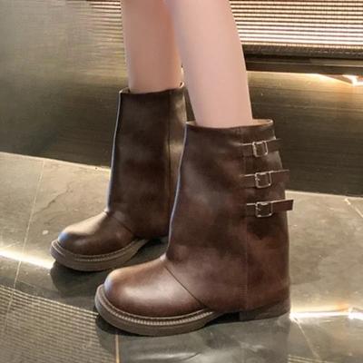 Ботинки до середины икры 2024 Женские ботинки Мотоциклетные ботинки на толстой подошве Универсальный стиль Ин ПУ кожа Однотонные Ботинки женские