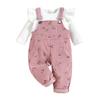 2 Pieces Kids Suit Set, Solid Color O-Neck Long Sleeve Tops+ Floral Print Suspender Trousers