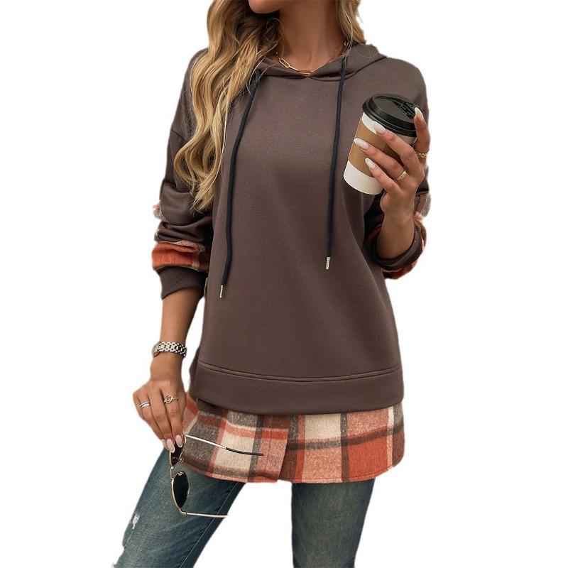 Sping Autumn Women Plaid Long Sleeved Patchwork Casual Loose Hoodies Sweatshirts